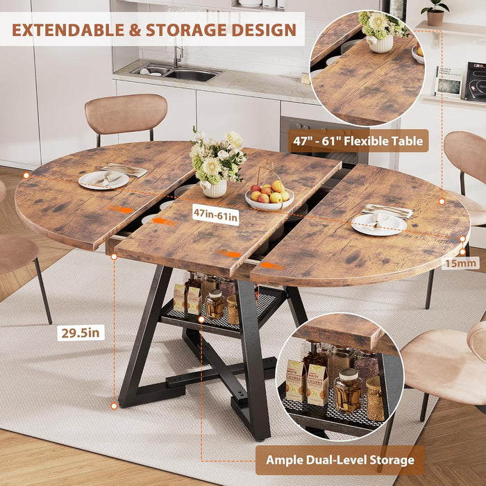 61'' Extendable Dining Table for 4 6 8, round Dining Room Table with Removable Leaf & Storage Shelf, Expandable Oval Kitchen Table with Pedestal Base, Modern Industrial Space Saving（Vintage）