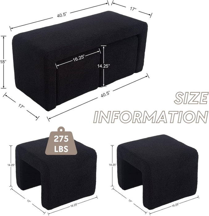 Modern Boucle Bench Black Sherpa Ottoman Bench for Entryway, Bedroom End of Bed, Set of 3 Small Sofa Footrest Extra Seating for Living Room, 20+50 Inch Bench