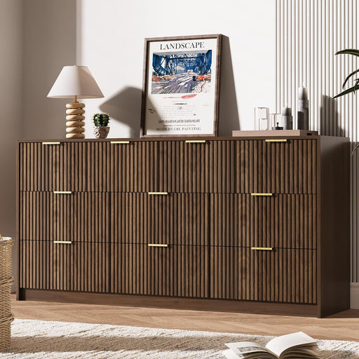 63" Wide Fluted 10-Drawer Dresser for Bedroom, Walnut