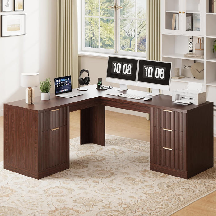 69" Executive L Shaped Desk, Wood Corner Executive Computer Desk with Power Outlets & Storage Drawers, Large Office Desk Workstation for Home, Dark Walnut