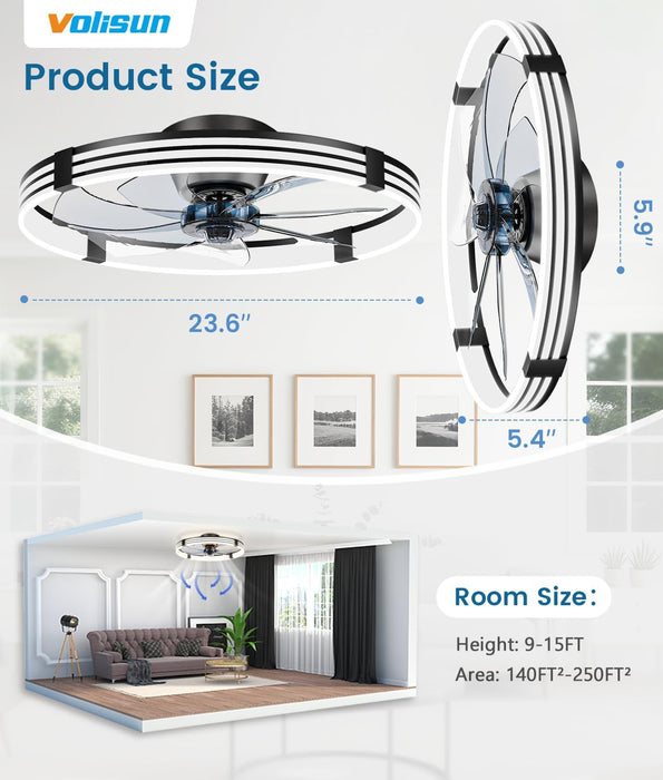 Low Profile Ceiling Fans with Lights and Remote, 24In Flush Mount Ceiling Fan with Light, 3000K-6500K Dimmable Fandelier LED Fan Light, Black Bladeless Ceiling Fans with Lights for Bedroom