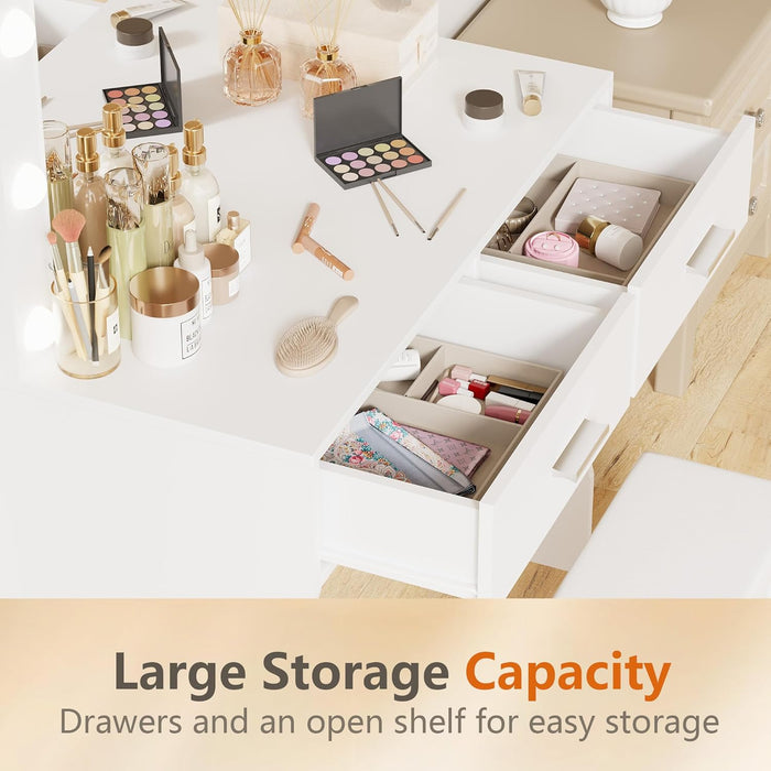 Makeup Vanity Desk with Large Lighted Mirror，35.4 Inch Makeup Vanity Table with 2 Drawers，Soft-Padded Storage Stool，3 Lighting Modes Available, Suitable for Bedrooms（White）