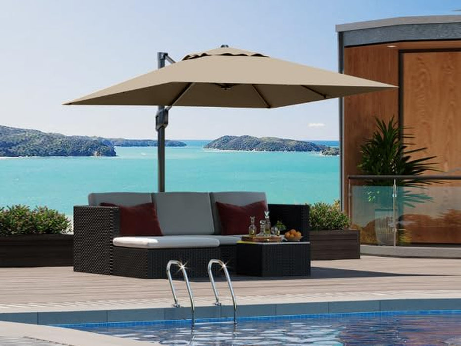 Large Cantilever Patio Umbrella, 10 Ft X 10 Ft Heavy Duty Aluminum Cantilever Offset Outdoor Umbrella with 360-Degree Rotation for Backyard, Deck, Pool, Tan