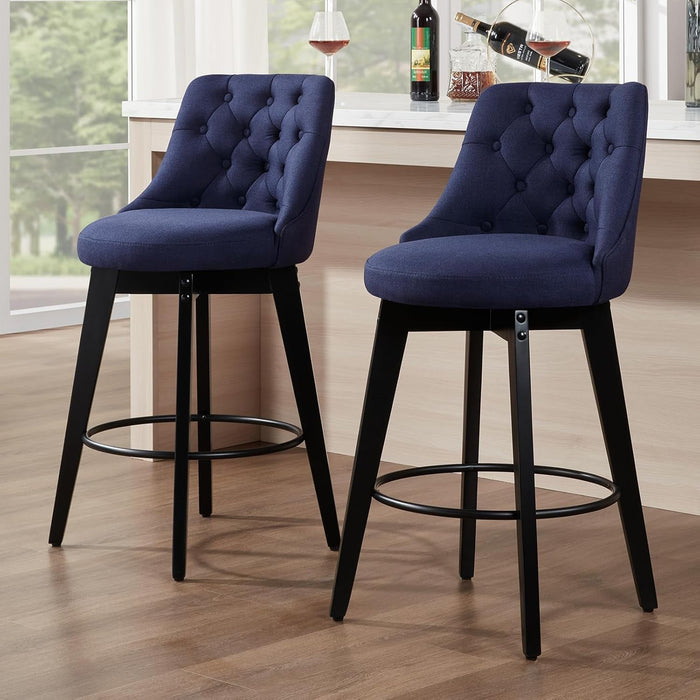 Bar Stools Set of 2, Swivel Barstools with Backs and Wood Legs, 27" Linen Fabric Upholstered Bar Chairs for Kitchen Island, Dining, Cafe, Pub（Blue）