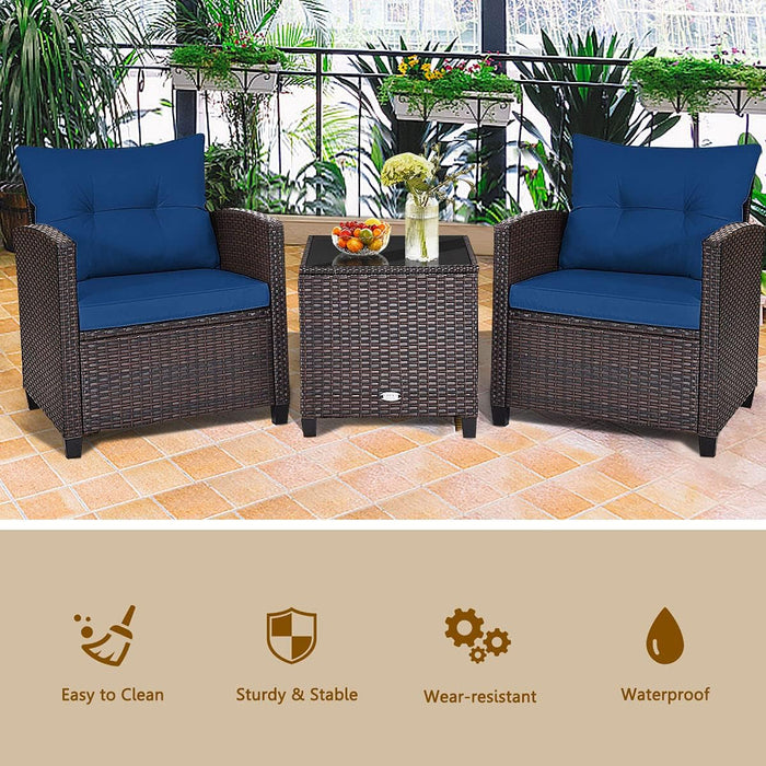 3 Piece Patio Furniture Set, Outdoor Conversation Set with Washable Cushions & Tempered Glass Tabletop, PE Rattan Wicker Bistro Set for Porch, Garden, Balcony (Navy Blue)