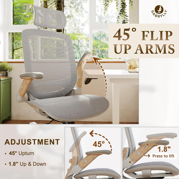 Ergonomic Office Chair, High Back Home Desk Chair with Flip-Up Arms, Headrest, 90-120° Tilt and Wide Cushion, 400LBS White Mesh Chair for Work Gaming Study (GY01-NT, Woodgrain Pattern)