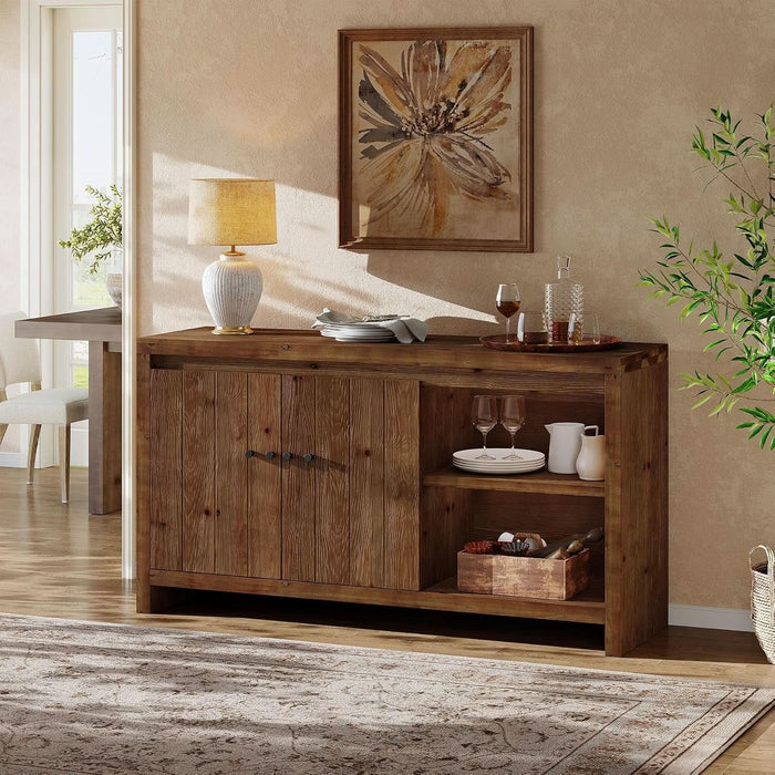 55.11-Inch Sideboard Buffet Cabinet, Farmhouse Solid Wood Storage Cabinet with 2 Doors & Adjustable Shelves, Kitchen Cupboard with Open Shelves for Living Room (Retro Brown)