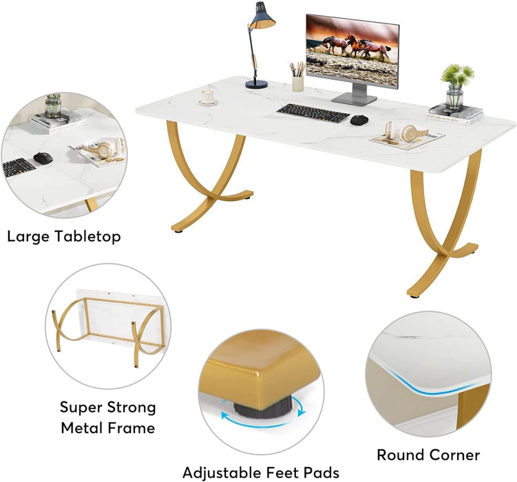 Executive Desk, 63” W X 31.5” D Large Office Desk, Modern Computer Desk Conference Table Meeting Room Table, Business Furniture for Home Office, White and Gold