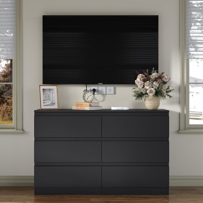 Modern 6 Large Storage Drawers Dresser for Clothes Organizer, Black Modern Chest of Drawers for Closet, 42.5" Long Drawer Organizer Cabinet for Bedroom, Living Room, Entryway, Hallway