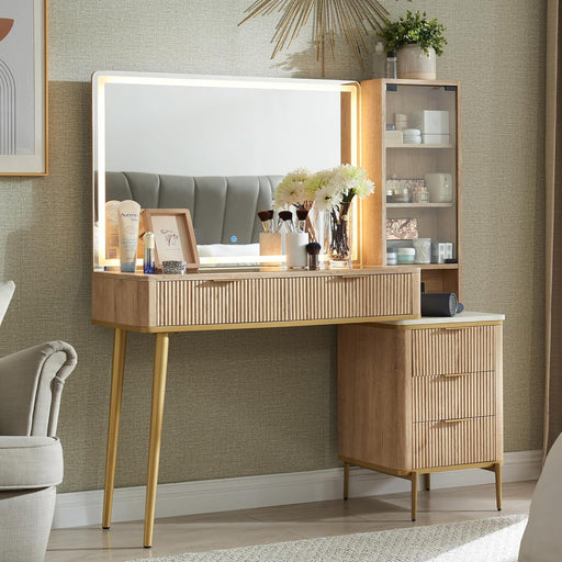 Fluted Makeup Vanity Desk with 36" HD Lighted Mirror, 48" Big Modern Vanity Desk with Mirror and Lights, Dressing Table with 5 Drawers & Shelves, Glass Top for Bedroom (Natural Oak)