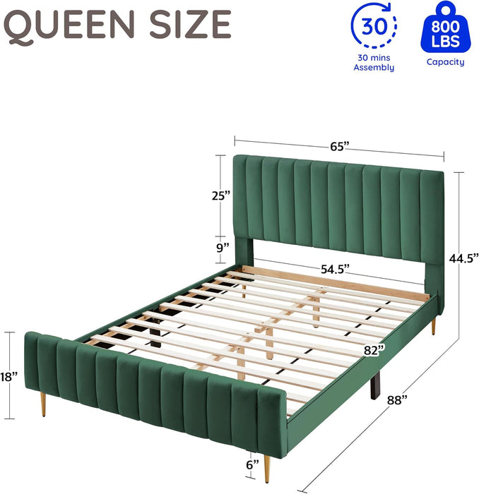 Queen Size Elton Velvet Platform Bed, Upholstered Bed Frame with Vertical Channel Tufted Headboard Footboard, Strong Wood Slats, No Box Spring Needed, Green (Queen)