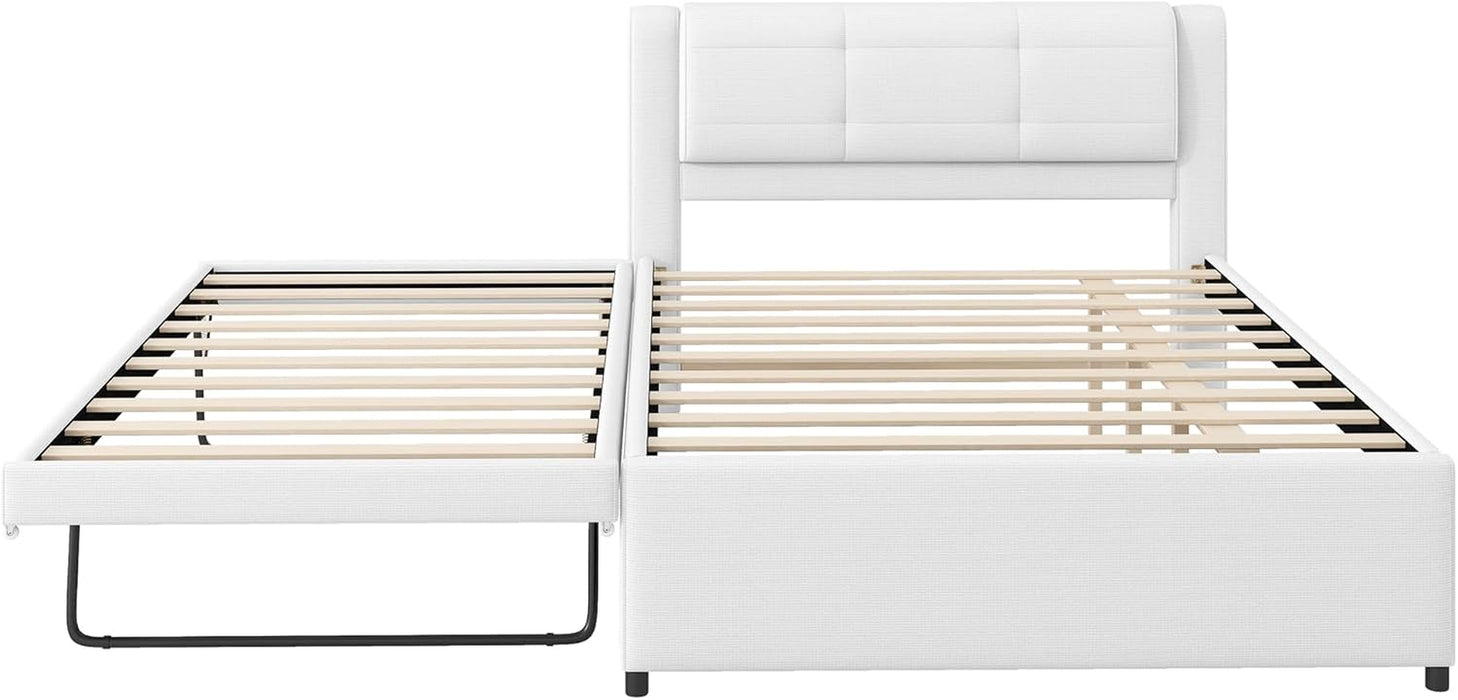 Full Size Upholstery Platform Bed with Trundle,Trundle Can Be Flat or Erected, Modern Bed Frame with Linen Headboard for Kids, Adults, No Box Spring Needed, Beige