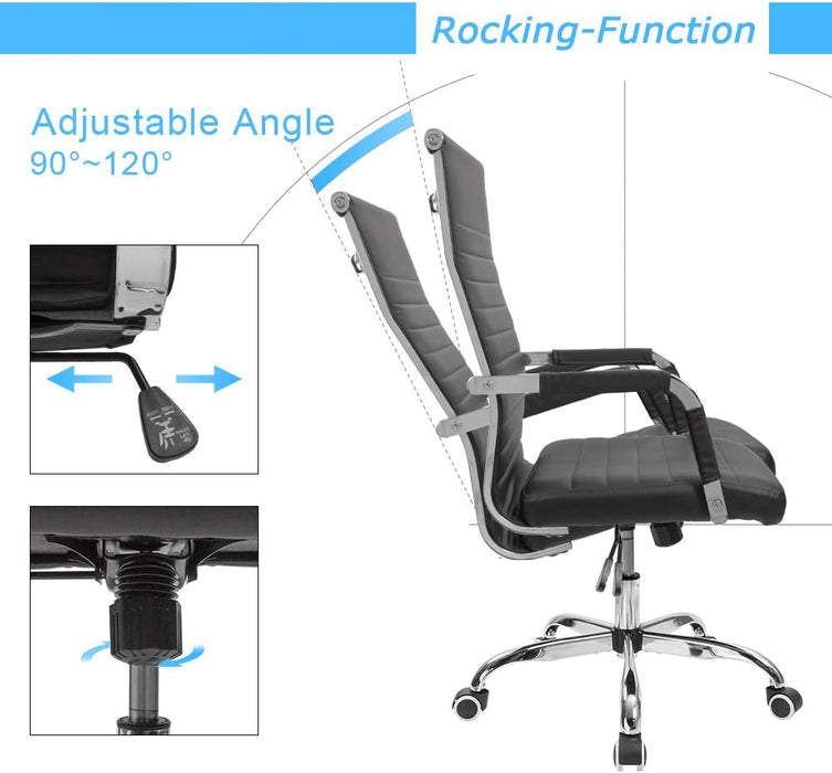 Ribbed Office Desk Chair Mid-Back PU Leather Executive Conference Task Chair Adjustable Swivel Chair with Arms (Black)