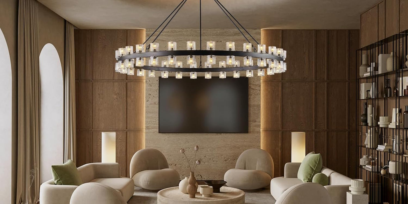 60 Inch Black Wagon Wheel Chandelier with Crystal Shade, 60 Lights, Large round Modern Farmhouse Style, Perfect for High Ceiling, Dining Room, Kitchen, Entryways, Foyer