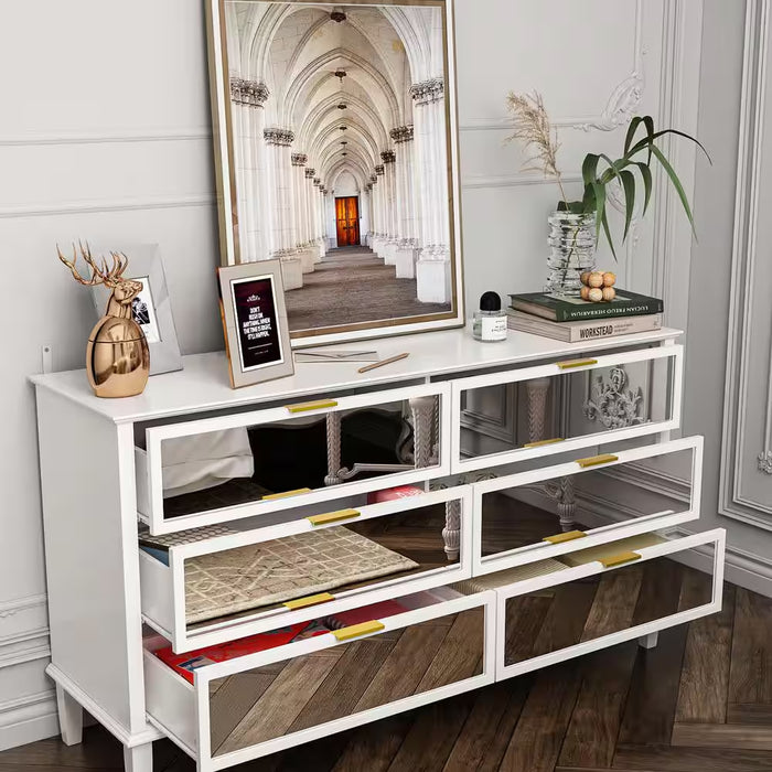 White High Gloss Mirrored 55.1 In. W Dresser with 6 Glass Drawers (15.7" D X 30.7" H)