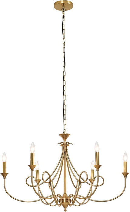 6-Light Modern Chandelier 36.6" Brass Candle Chandeliers Metal Gold Pendant Light Fixture for Dining Room Living Room Kitchen Island Foyer Entryway, E12 Base