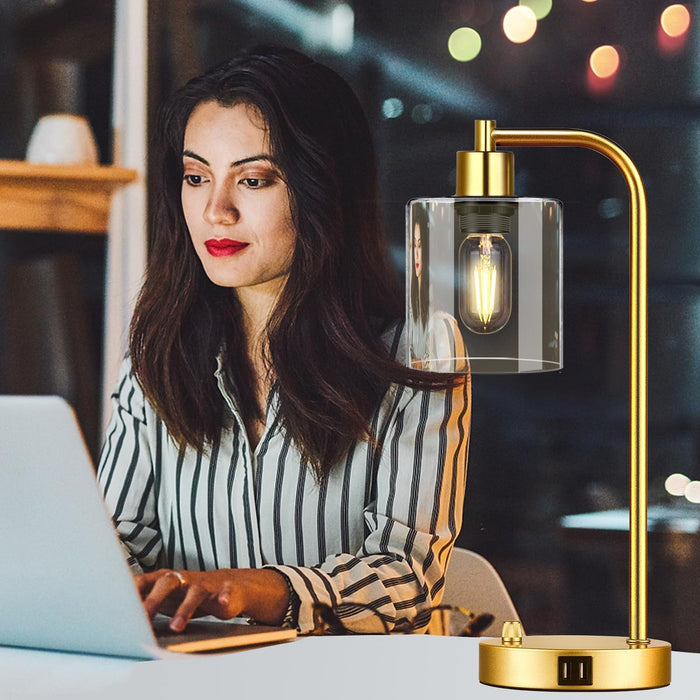 Set of 2 Industrial Table Lamps with 2 USB Port, Gold Fully Stepless Dimmable Bedside Lamps for Bedrooms, Nightstand Desk Lamps with Clear Glass Shade for Reading Living Room Office 2 LED Bulb