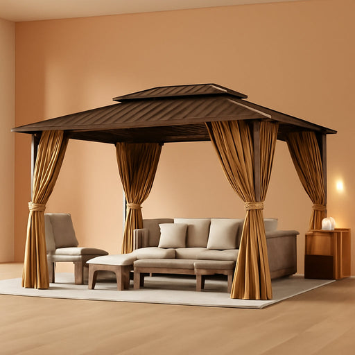 12X16Ft Hardtop Gazebo, Metal Frame with Double Galvanized Steel Roof, Permanent Outdoor Pergola with Curtains and Netting Included for Backyard, Patio, Lawn and Garden, Brown