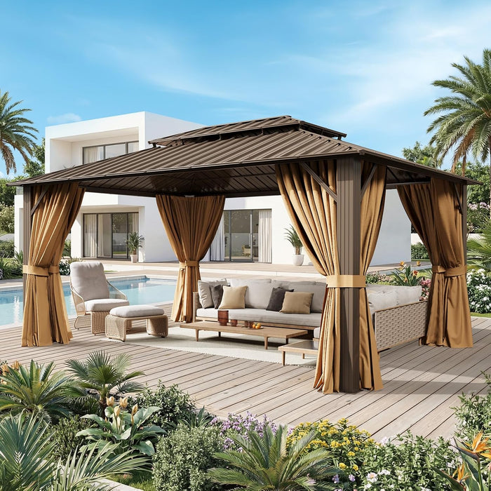 12X16Ft Hardtop Gazebo, Metal Frame with Double Galvanized Steel Roof, Permanent Outdoor Pergola with Curtains and Netting Included for Backyard, Patio, Lawn and Garden, Brown
