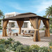 12X16Ft Hardtop Gazebo, Metal Frame with Double Galvanized Steel Roof, Permanent Outdoor Pergola with Curtains and Netting Included for Backyard, Patio, Lawn and Garden, Brown