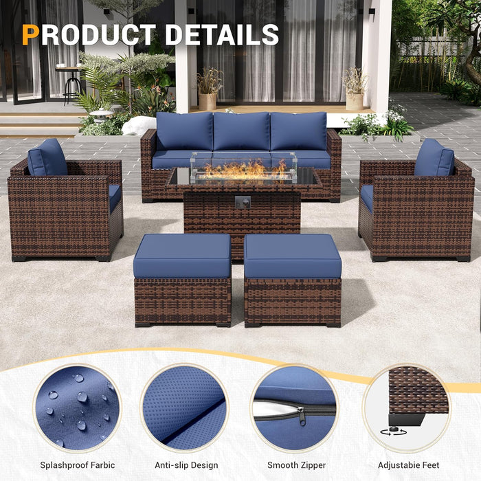 Outdoor Patio Furniture Sets, 10 Pieces Wicker Patio Furniture, Outdoor Sectional Patio Couch Set with Ottoman, Outdoor Conversation Set with 44" Gas Fire Pit (Navy)