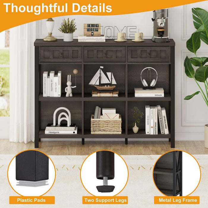 Rustic 6 Cube Storage Organizer Bookshelf with 3 Drawers, Short Low Horizontal Bookshelf for Living Room, Industrial Wood and Metal Cubby Bookcase for Home Office (Walnut Brown, 47 Inch)
