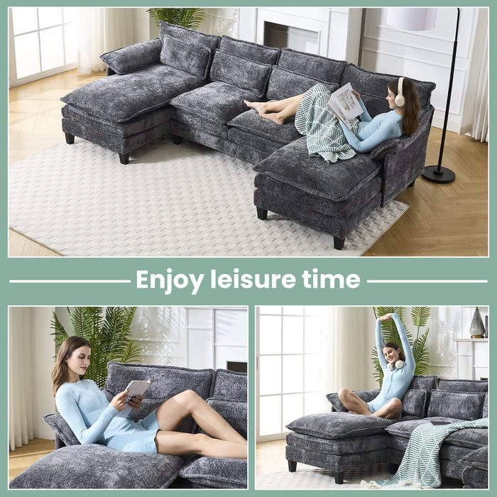 109.45" U Shaped Couch,Oversized 4 Seat Sectional with 4 Waist Pillows, Convertible Upholstery Symmetrical Sofá,Sleeper Sofa Couch with Double Chaise Lounge &Memory Foam for Living Room, Grey