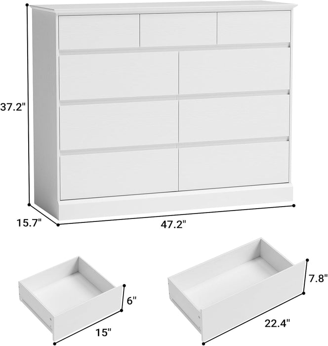 9-Drawer Dresser for Bedroom, 47.2" Wide Handleless Design, White