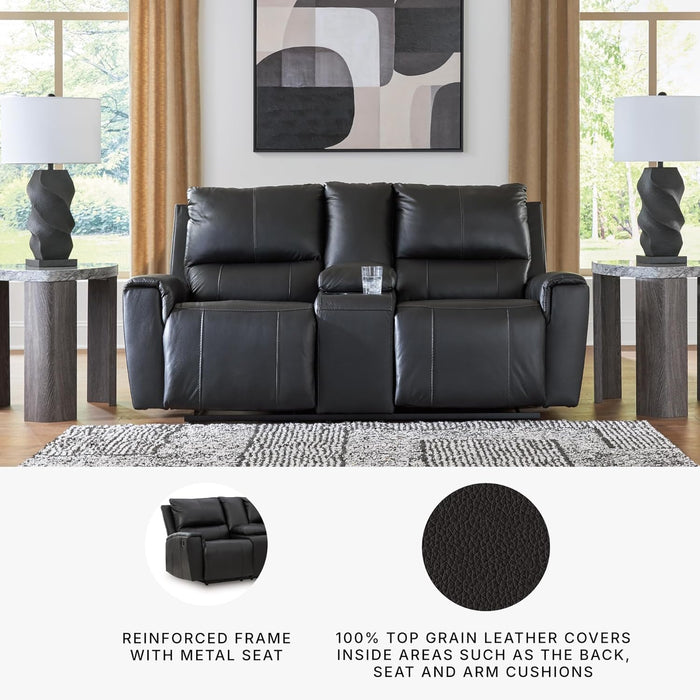 Glassmere Contemporary Leather Match Reclining Loveseat with Console, 2 Cup Holders and Storage, Black