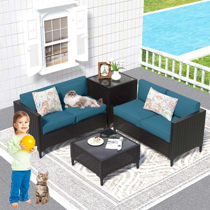 4-Piece Rattan Patio Furniture Set, Waterproof Wicker Outdoor Sectional Sofa with Thick Cushions, All-Weather PE Rattan Conversation Set for Porch, Poolside (Peacock Blue, Black Rattan)