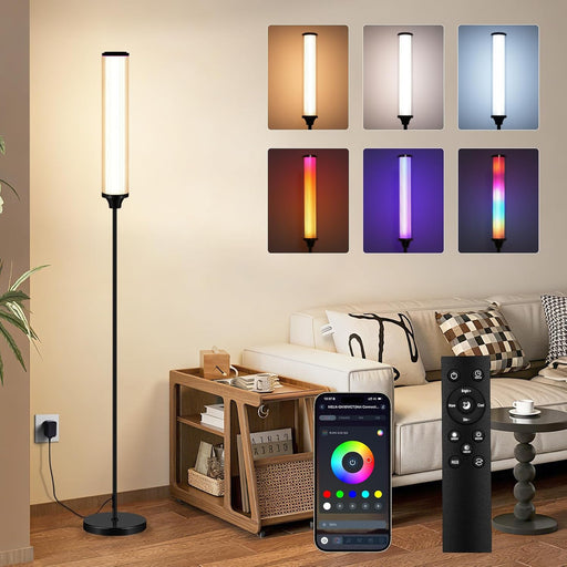 Floor Lamp, Smart RGBCW LED Color Changing Ambient Lighting for Living Room & Gaming Decor, Standing Lamp with App & Remote Control, Tall Corner Lamp for Bedroom, 12W 1500LM, Black