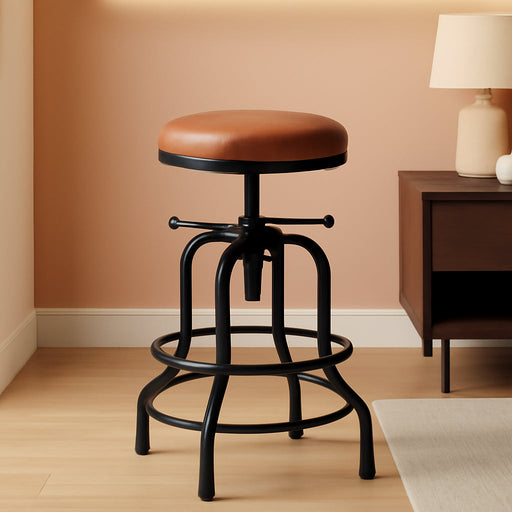 Industrial Bar Stools Vintage Counter Height Bar Stool with round Faux Leather Seat Metal Stool Adjustable Kitchen Stool 21.5-28 Inch Tall Light Brown, 1PCS
