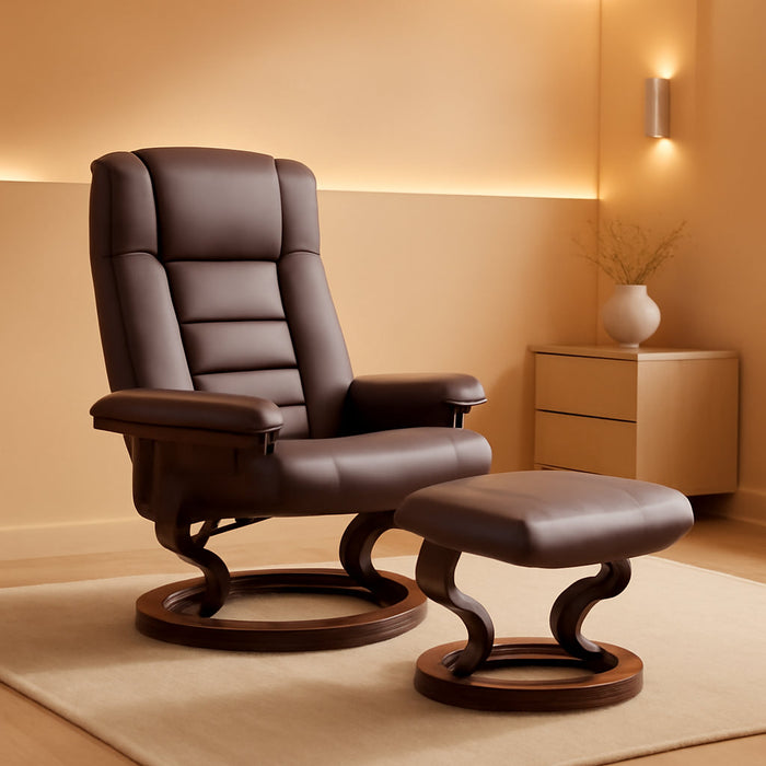 Faux Leather Reclining Chair, Swivel Ottoman Chair, Recliner with Ottoman with High Back and Wood Frame for Living Room, Brown