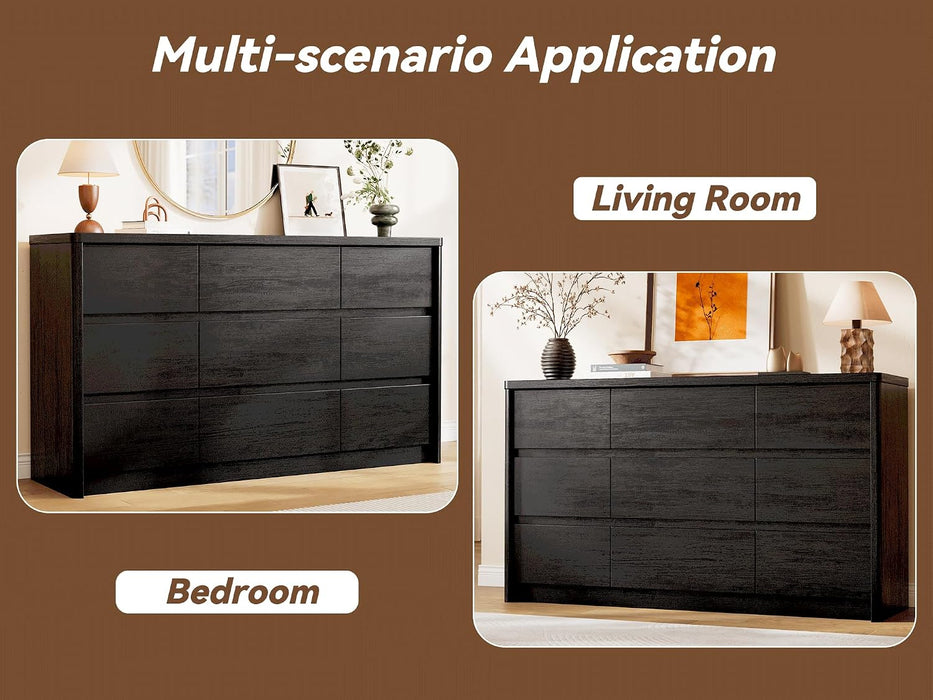 Black Dresser for Bedroom, 55" Wide Mid Century Modern Chest of Drawers with 9 Large Storage Space and Curved Edge Design, 9 Drawer Large Dresser for Bedroom