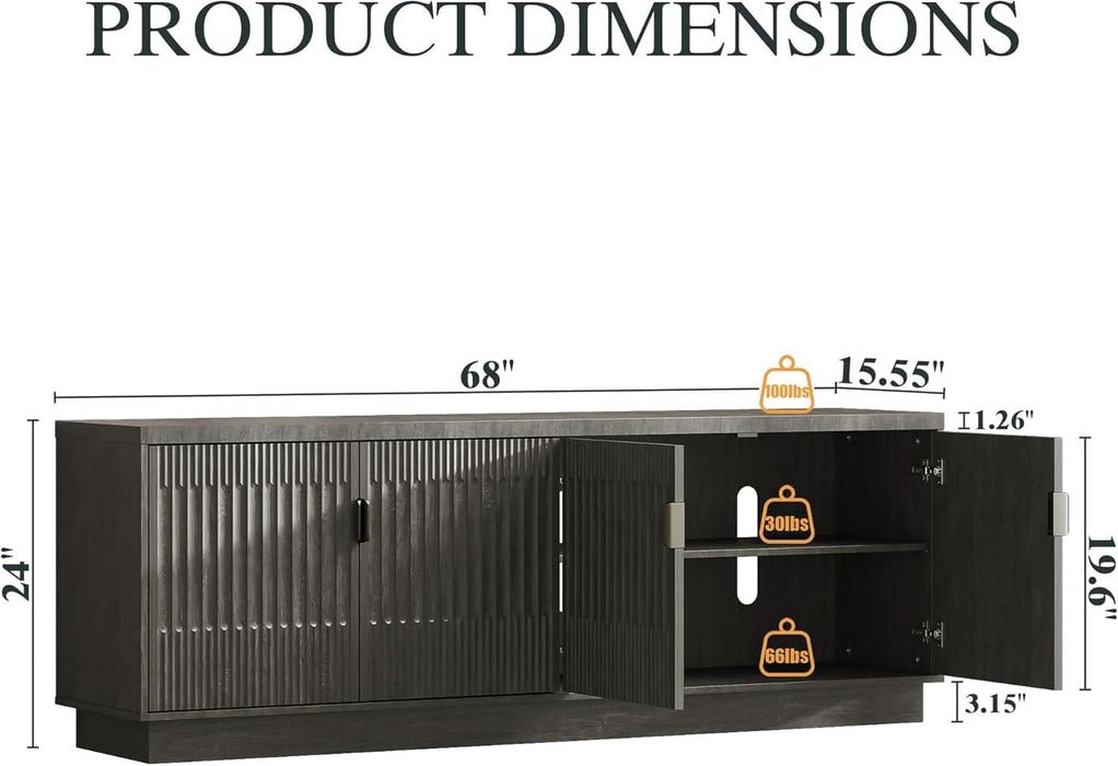 Farmhouse TV Stand for Television up to 75 Inches, 4 Fluted Doors Rustic Entertainment Center with Storage & Adjustable Shelves, Mid Century Modern Wood TV Consoles for Living Room Bedroom, Black