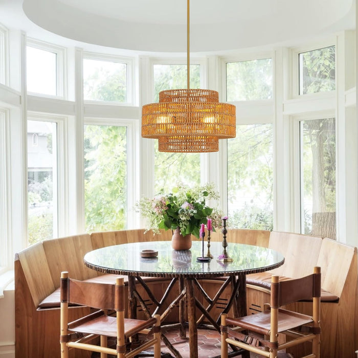 Boho Rattan Chandelier Four Light Fixture Goldtone