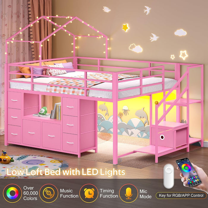 Pink Full Size LoftBed With Integrated Illumination