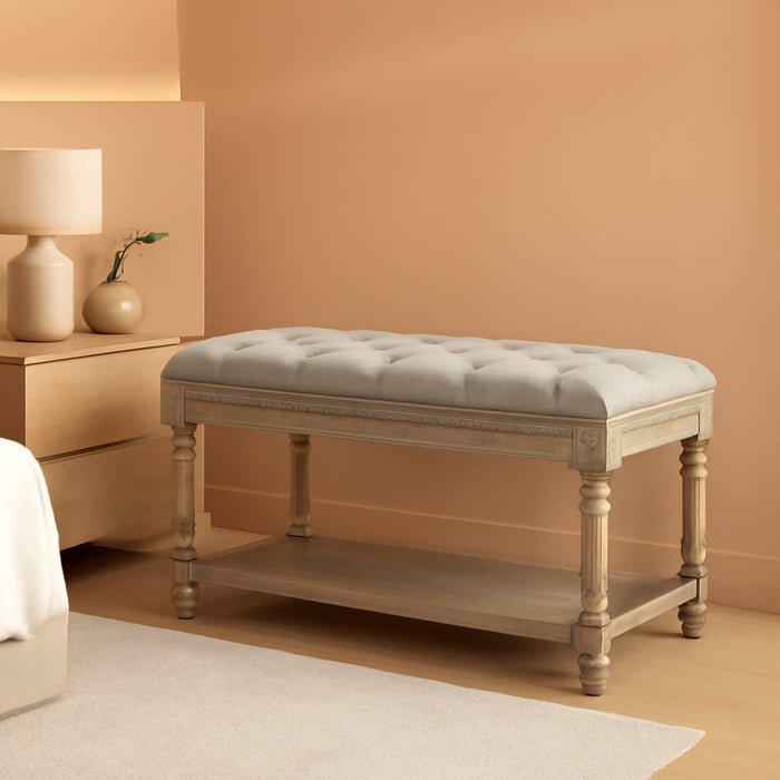 Farmhouse Tufted Storage Ottoman Bench with Shelf, 31.5" Width Linen Upholstered Entryway Shoe Ottoman Foot Stool for Bedroom Living Room Dining Room, Grey