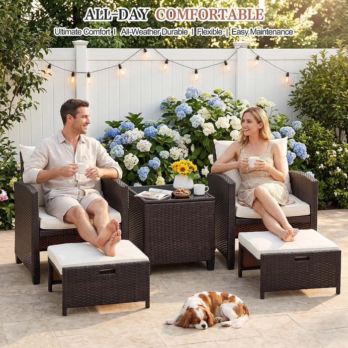 Patio Chair with Ottoman, 5 Pieces Patio Furniture Set Small Balcony Furniture, Rattan Patio Chairs Set of 2 with Glass Table for Front Porch Garden (Beige)