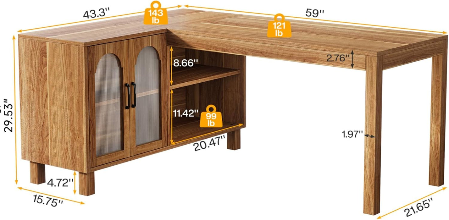 L-Shaped Desk with File Cabinet, 59-Inch Executive Office Desk with Storage Shelves, Wooden Study Writing Desk Farmhouse Corner Computer Desk for Home Office, Rustic Brown