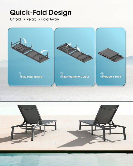 Foldable Outdoor Lounge Chair, No Assembly Patio Chaise Lounge Outdoor with 5-Positions, Aluminum Pool Lounge Chair with Portable Design for Pool, Beach, Deck, Backyard, Grey