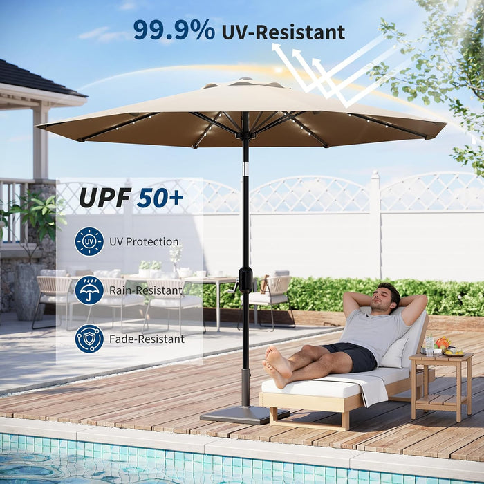 Patio Umbrella with Solar Lights, Outdoor Table Umbrella with 8 Durable Ribs, Tilt & Crank Mechanism, Waterproof & UV Protection for Garden, Backyard, Poolside,