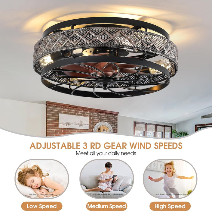 18" Low Profile Caged Ceiling Fans with Lights and Remote, Flush Mount Ceiling Fan with Light, Bedroom Fan, Small Industrial Black Ceiling Light Fixture, Reversible(Bulbs Not Included)
