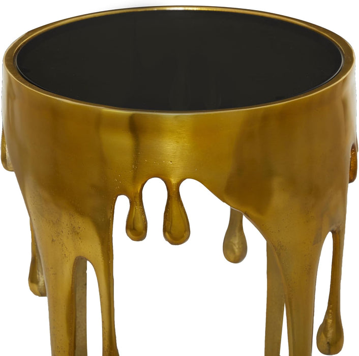 Aluminum Metal Abstract Melting Drip Accent Table with Melting Design and Shaded Glass Top, 16' X 16' X 25', Gold