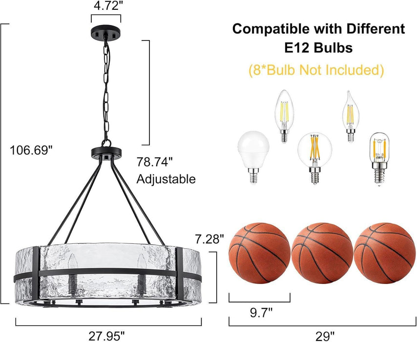 28" Black Glass Chandelier for Dining Room, 8-Light Modern Large Glass Drum Chandelier Dining Room Light Fixture over Table, Hanging Pendant Light for High Ceiling Foyer Living Room