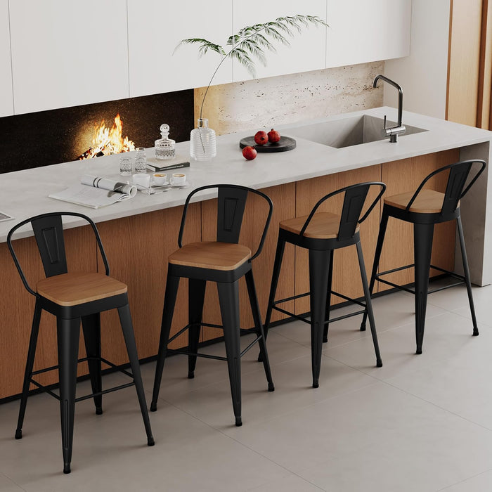 Metal Bar Stools Set of 4,24 Inch Barstools Counter Height Barstools with Backs Farmhouse Bar Stools with Larger Seat High Back Kitchen Dining Chairs Modern Bar Chairs Matte Black Stool