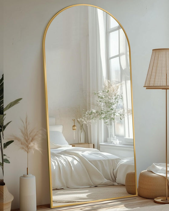 Full Length Mirror with Stand, 71"X28" Arched Full Body Large Stand up Aluminum Frame Floor Standing Mirror, Freestanding Hanging Leaning Mounted for Bedroom Living Room Entryway Gold