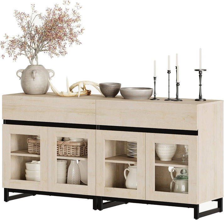 2 in 1 Multifunctional Sideboard Buffet Cabinets with 4 Glass Doors, Modern Sideboard Credenza, Coffee Bar Cabinet for Living Room, Kitchen, Light Oak