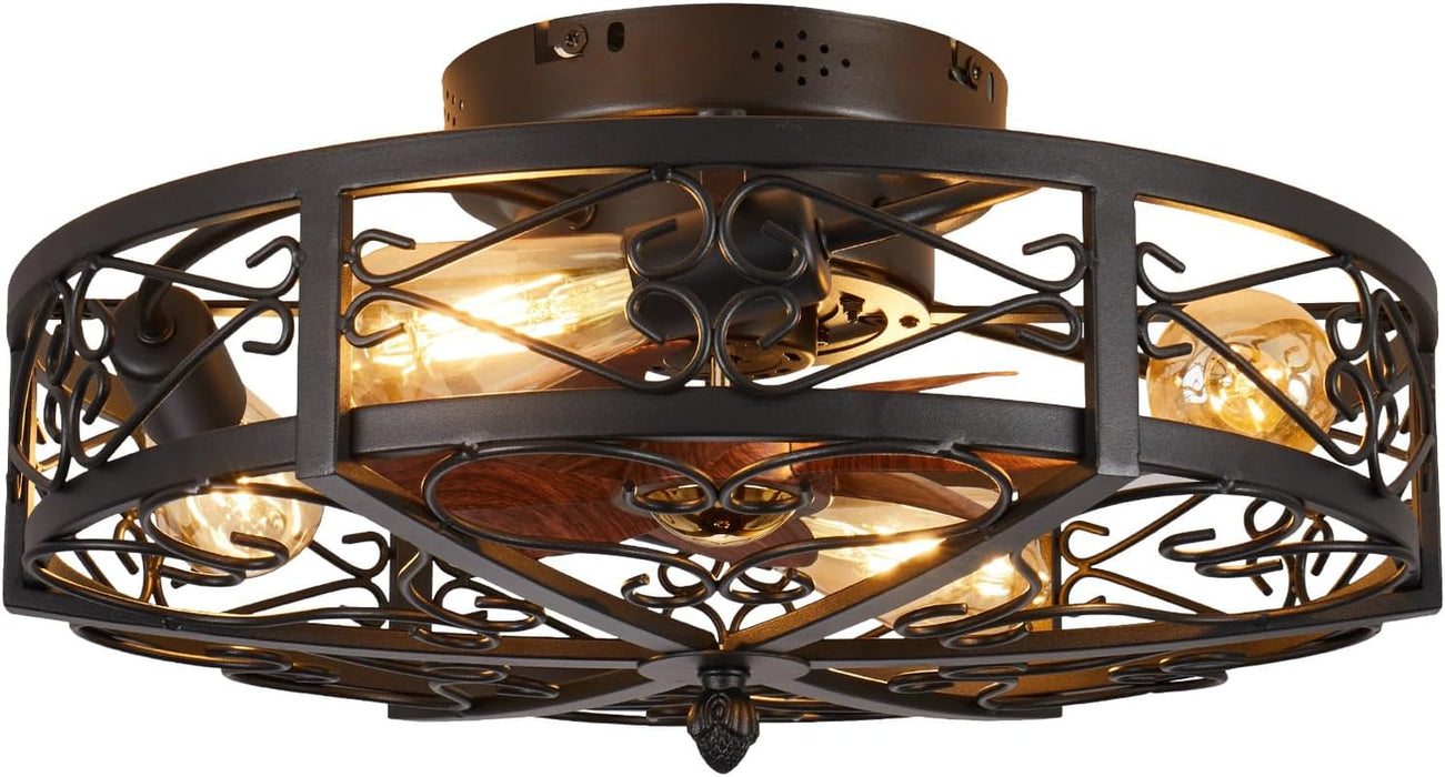 20" Caged Farmhouse Flush Mount Ceiling Fan with Light and Remote Control Bladeless Low Profile Ceiling Fans with Lights Enclosed Vintage Fan 6 Speed Reversible for Kitchen, Bedroom