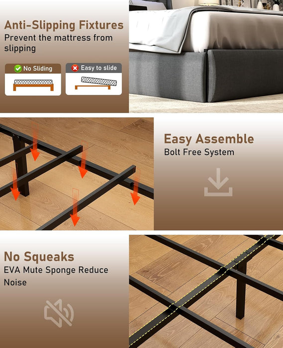 Queen Bed Frame with Storage Headboard and 4 Drawer, Metal Platform Bed Frame Queen Size with LED Light, Charging Station, No Box Spring Needed, Noise Free, Easy Assembly, Grey